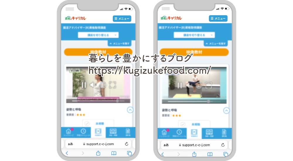 キャリカレの腸活アドバイザー資格取得講座の受講生ページの映像教材